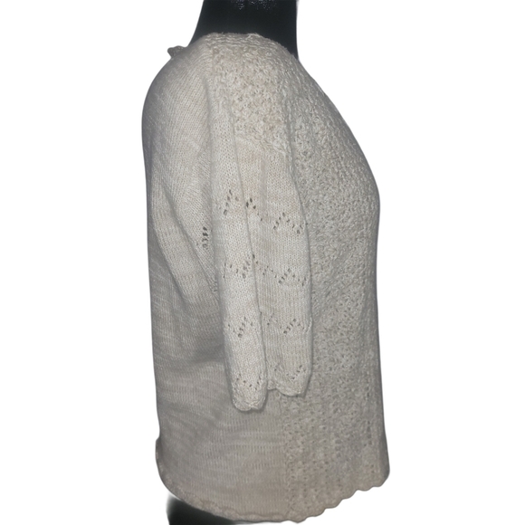 Beige Colored Crochet Button Front Short Sleeve Sweater L - Picture 4 of 7